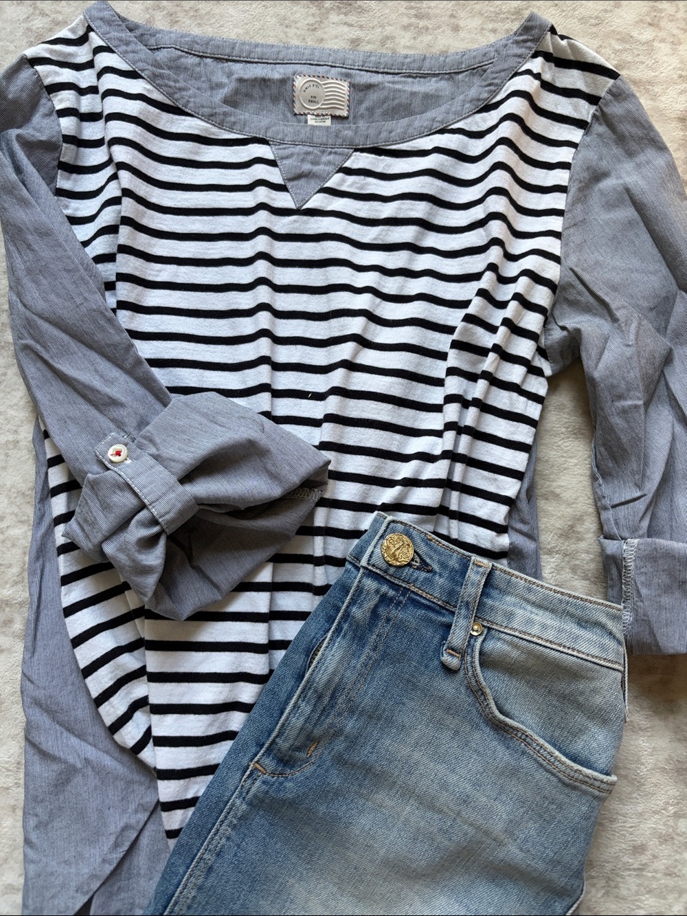 Postmark Striped Black White Top with Grey/blue back & Sleeves S